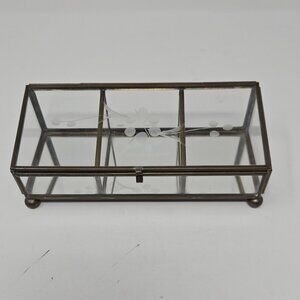 Vintage Mirrored Brass Leaded Etched Glass Divided Jewelry Trinket Box Casket